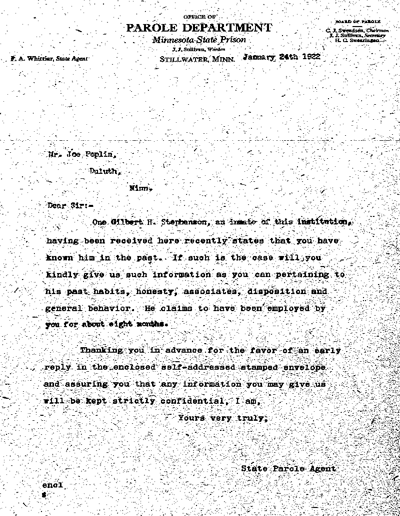 Gilbert Henry Stephenson. Case No. 6598. Letter from Frank A. Whittier to Joe Poplin, January 24, 1922.