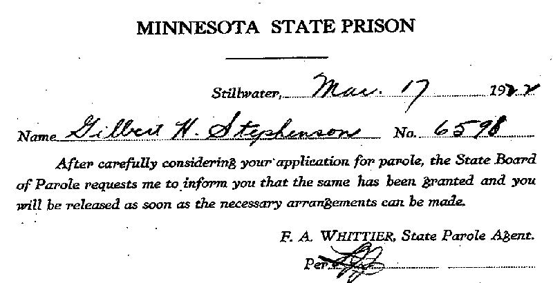 Gilbert Henry Stephenson. Case No. 6598. Parole Notice, March 17, 1922.