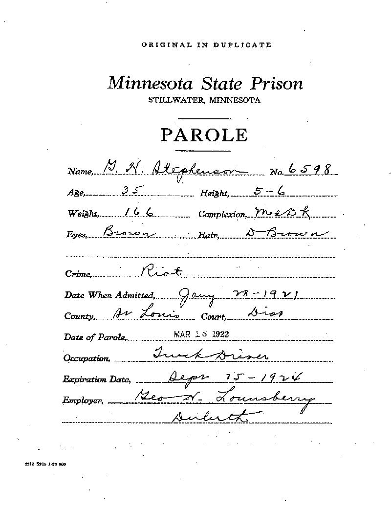 Gilbert Henry Stephenson. Case No. 6598. Parole Agreement, March 18, 1922.--Gov&#039;t Record(s)--Parole Agreement (gif)