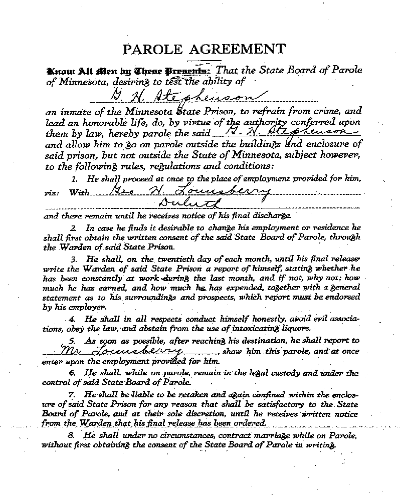 Gilbert Henry Stephenson. Case No. 6598. Parole Agreement, March 18, 1922.--Gov&#039;t Record(s)--Parole Agreement (gif)