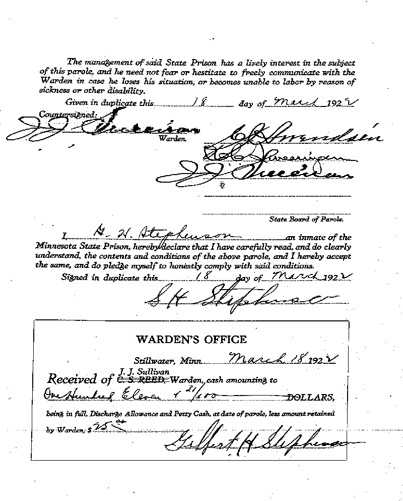 Gilbert Henry Stephenson. Case No. 6598. Parole Agreement, March 18, 1922.--Gov&#039;t Record(s)--Parole Agreement (gif)