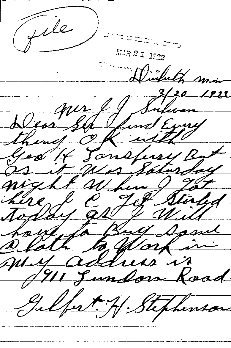 Gilbert Henry Stephenson. Case No. 6598. Letter from Gilbert Henry Stephenson to J. J. Sullivan, March 20, 1922.