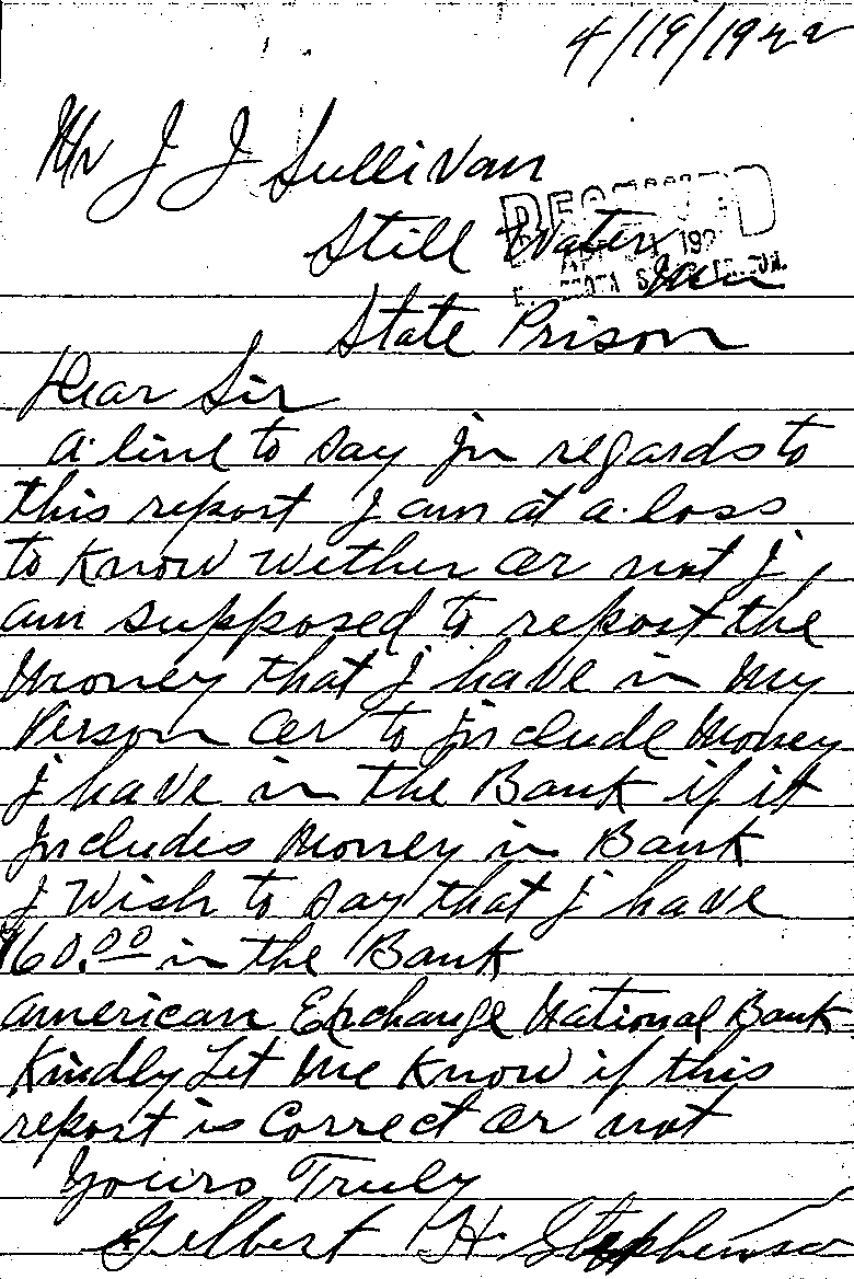 Gilbert Henry Stephenson. Case No. 6598. Letter from Gilbert Henry Stephenson to J. J. Sullivan, April 19, 1922.