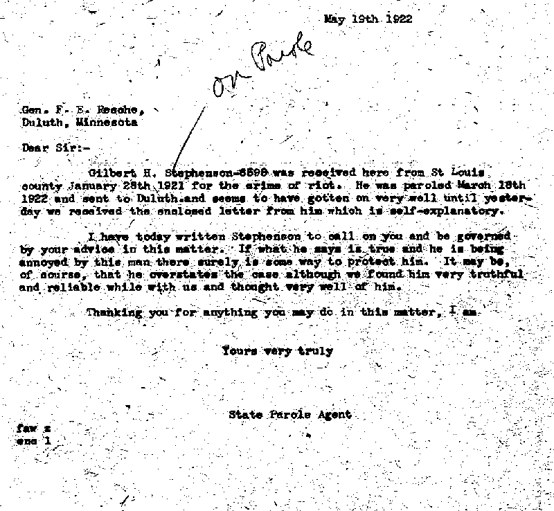 Gilbert Henry Stephenson. Case No. 6598. Letter from Frank A. Whittier to F. E. Resche, May 19, 1922.