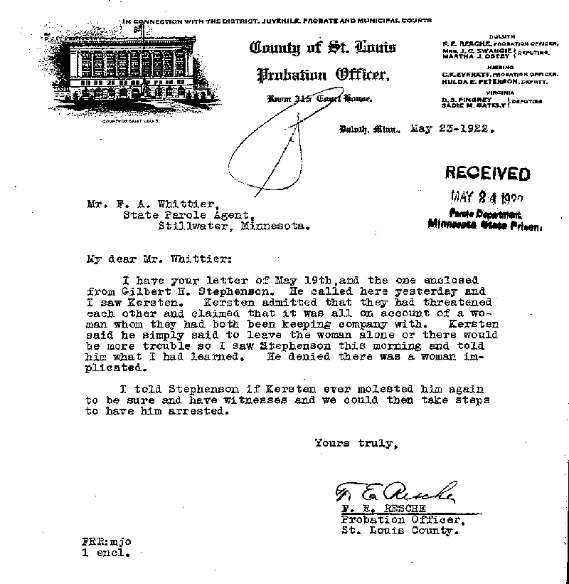 Gilbert Henry Stephenson. Case No. 6598. Letter from F. E. Resche to Frank A. Whittier, May 23, 1922.