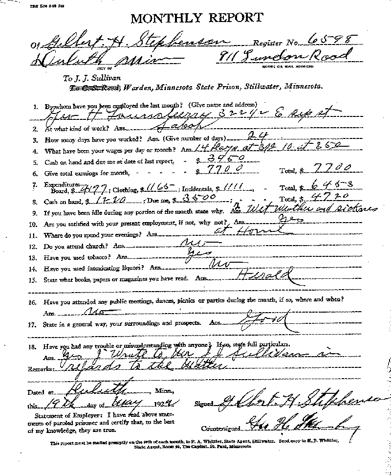Gilbert Henry Stephenson. Case No. 6598. Monthly Parole Report. May 19, 1922.
