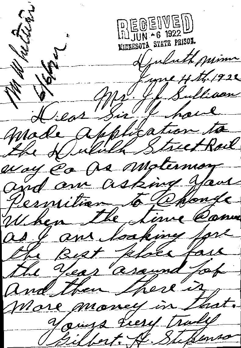 Gilbert Henry Stephenson. Case No. 6598. Letter from Gilbert Henry Stephenson to J. J. Sullivan, June 4, 1922.