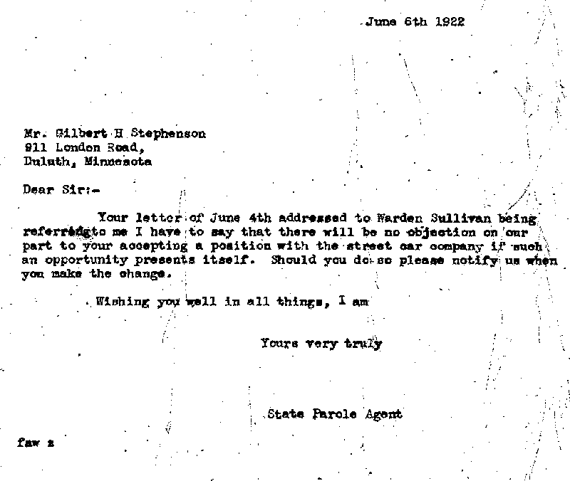 Gilbert Henry Stephenson. Case No. 6598. Letter from Frank A. Whittier to Gilbert Henry Stephenson, June 6, 1922.