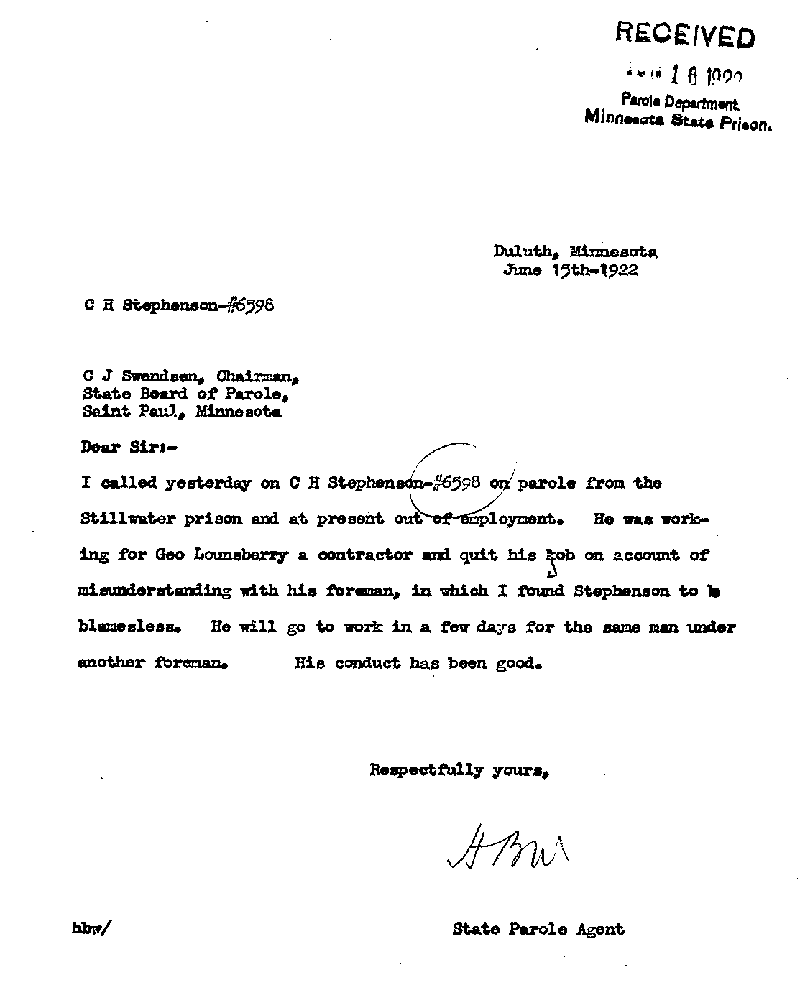 Gilbert Henry Stephenson. Case No. 6598. Letter from H. B. Whittier to C. J. Swendsen, June 15, 1922.