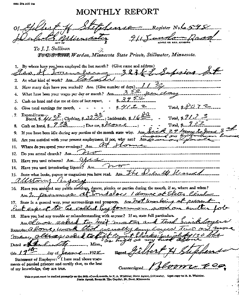 Gilbert Henry Stephenson. Case No. 6598. Monthly Parole Report. June 19, 1922.