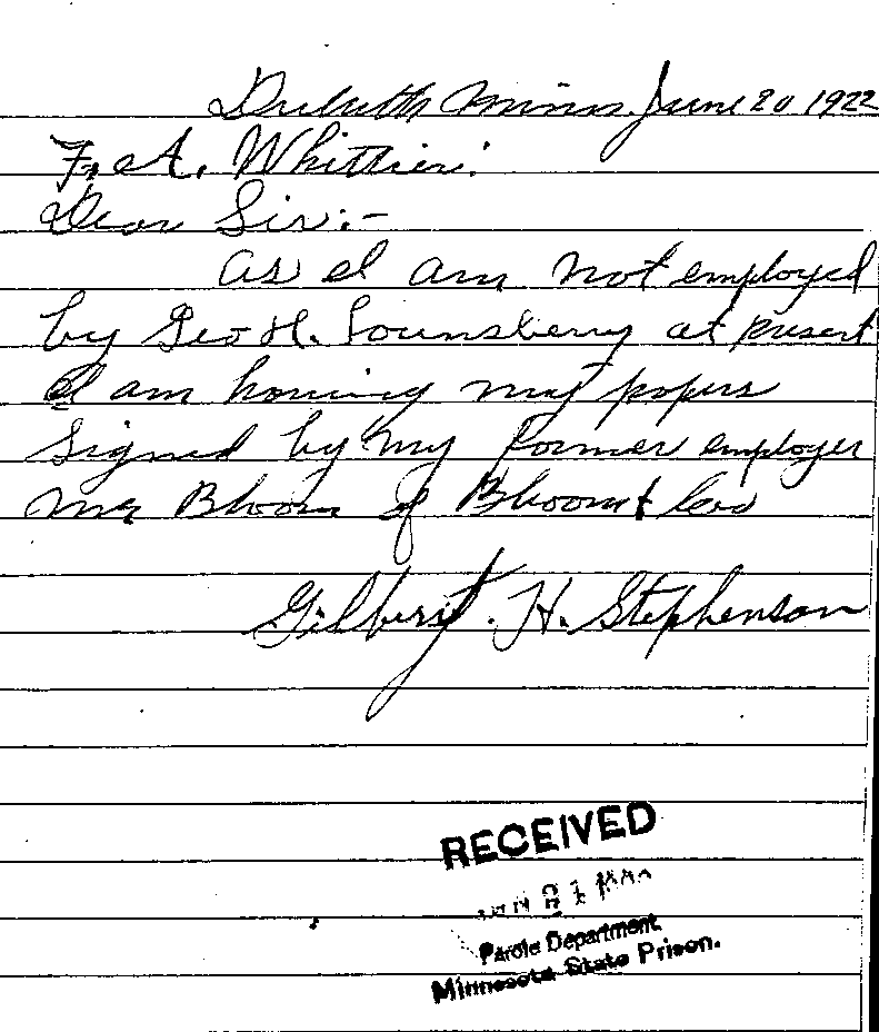 Gilbert Henry Stephenson. Case No. 6598. Letter from Gilbert Henry Stephenson to Frank A. Whittier, June 20, 1922.