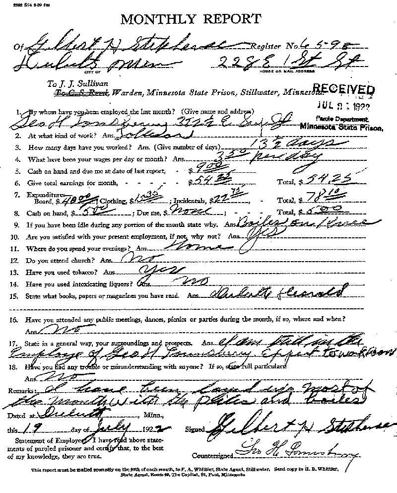 Gilbert Henry Stephenson. Case No. 6598. Monthly Parole Report. July 19, 1922.