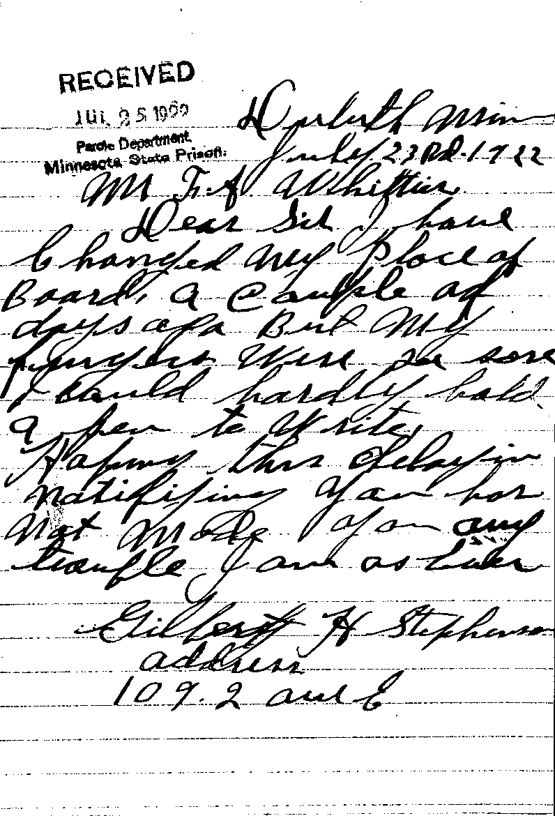 Gilbert Henry Stephenson. Case No. 6598. Letter from Gilbert Henry Stephenson to Frank A. Whittier, July 23, 1922.