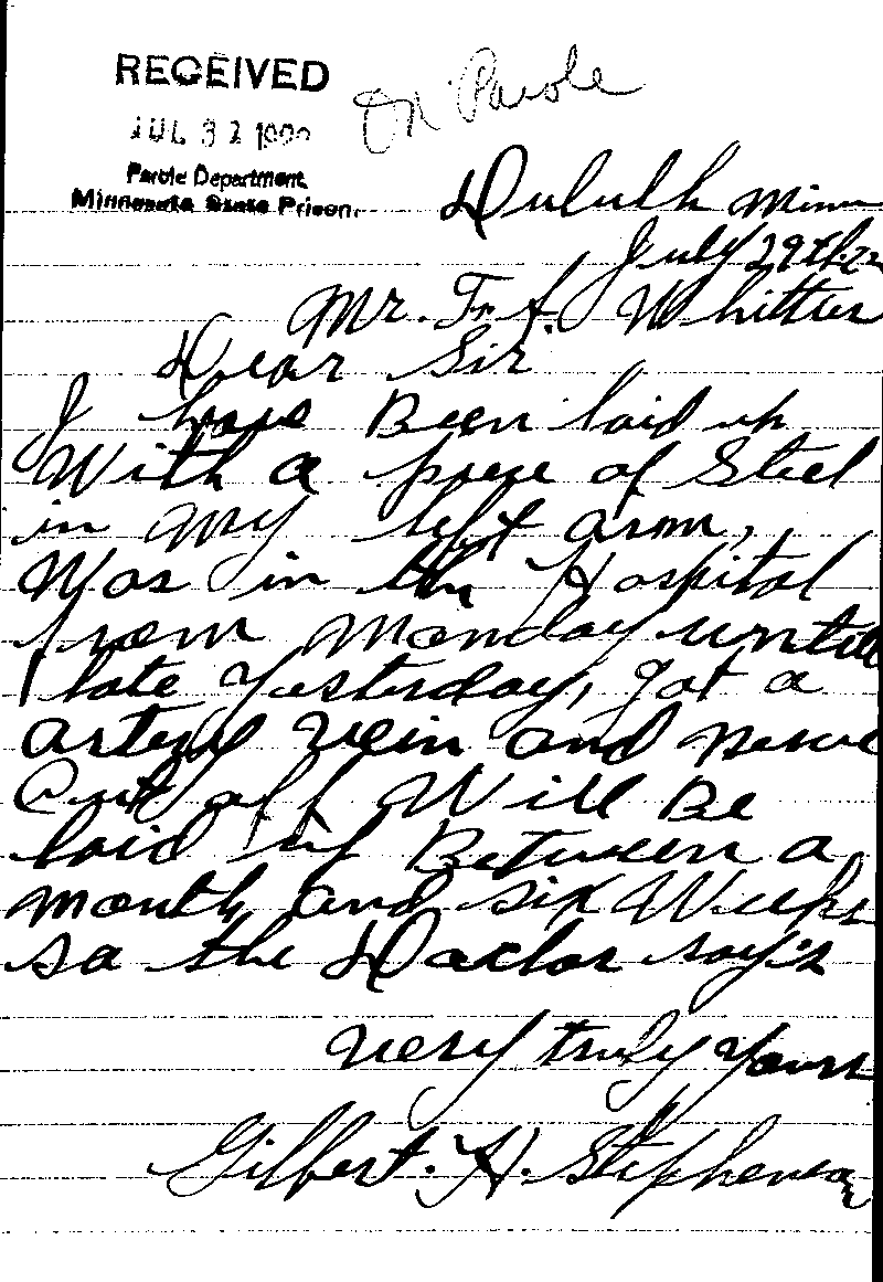 Gilbert Henry Stephenson. Case No. 6598. Letter from Gilbert Henry Stephenson to Frank A. Whittier, July 29, 1922.