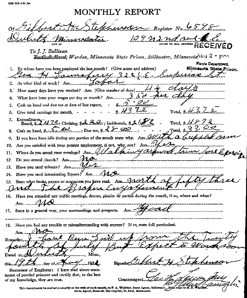 Gilbert Henry Stephenson. Case No. 6598. Monthly Parole Report. August 19, 1922.