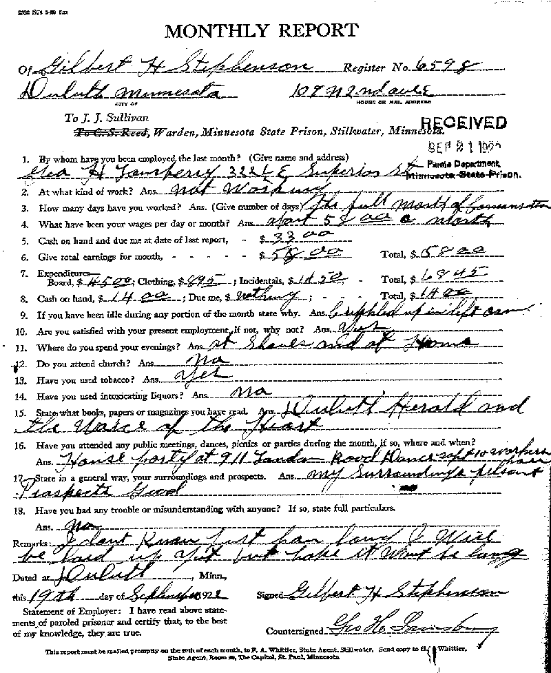Gilbert Henry Stephenson. Case No. 6598. Monthly Parole Report. September 19, 1922.