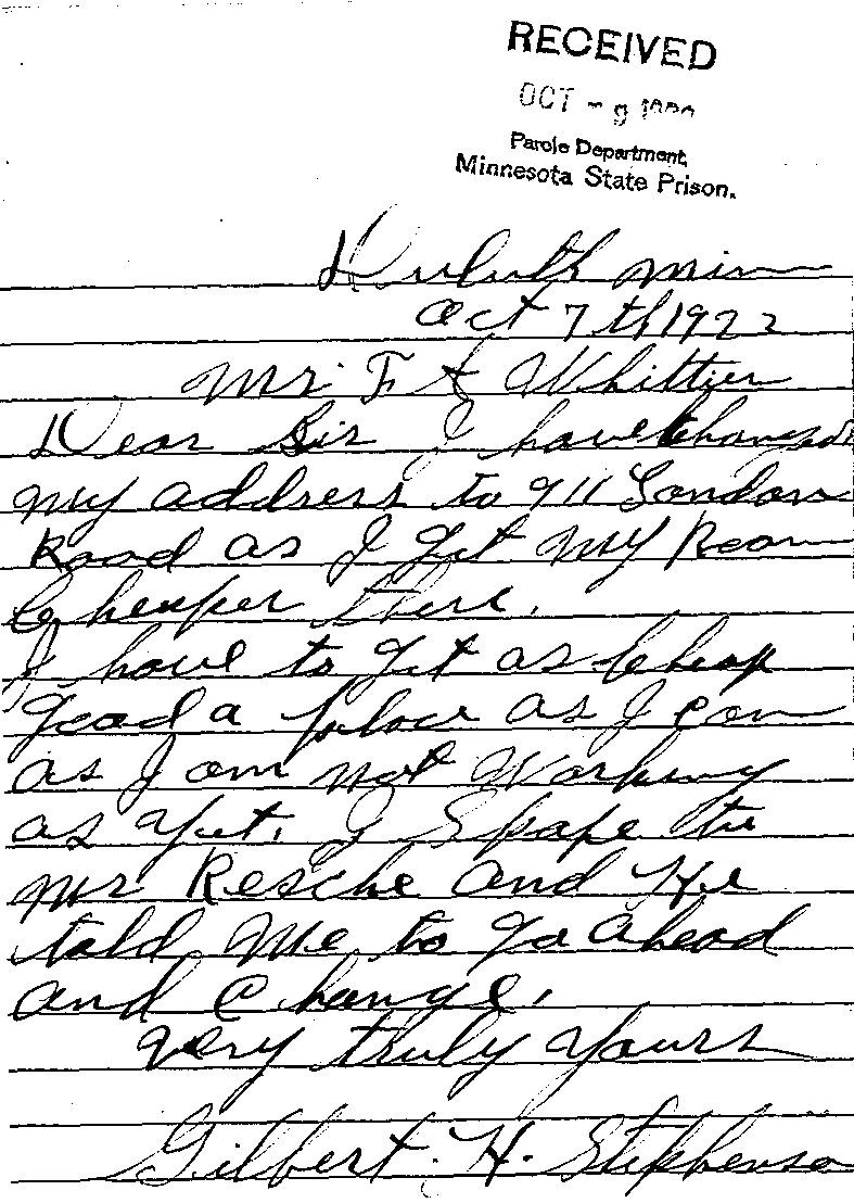 Gilbert Henry Stephenson. Case No. 6598. Letter from Gilbert Henry Stephenson to Frank A. Whittier, October 7, 1922.