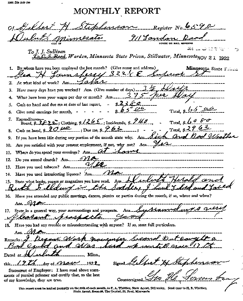Gilbert Henry Stephenson. Case No. 6598. Monthly Parole Report. November 19, 1922.