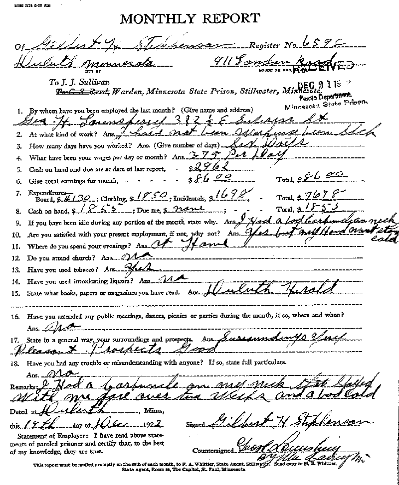 Gilbert Henry Stephenson. Case No. 6598. Monthly Parole Report. December 19, 1922.