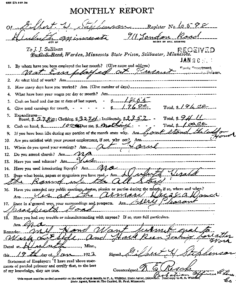 Gilbert Henry Stephenson. Case No. 6598. Monthly Parole Report. January 19, 1923.