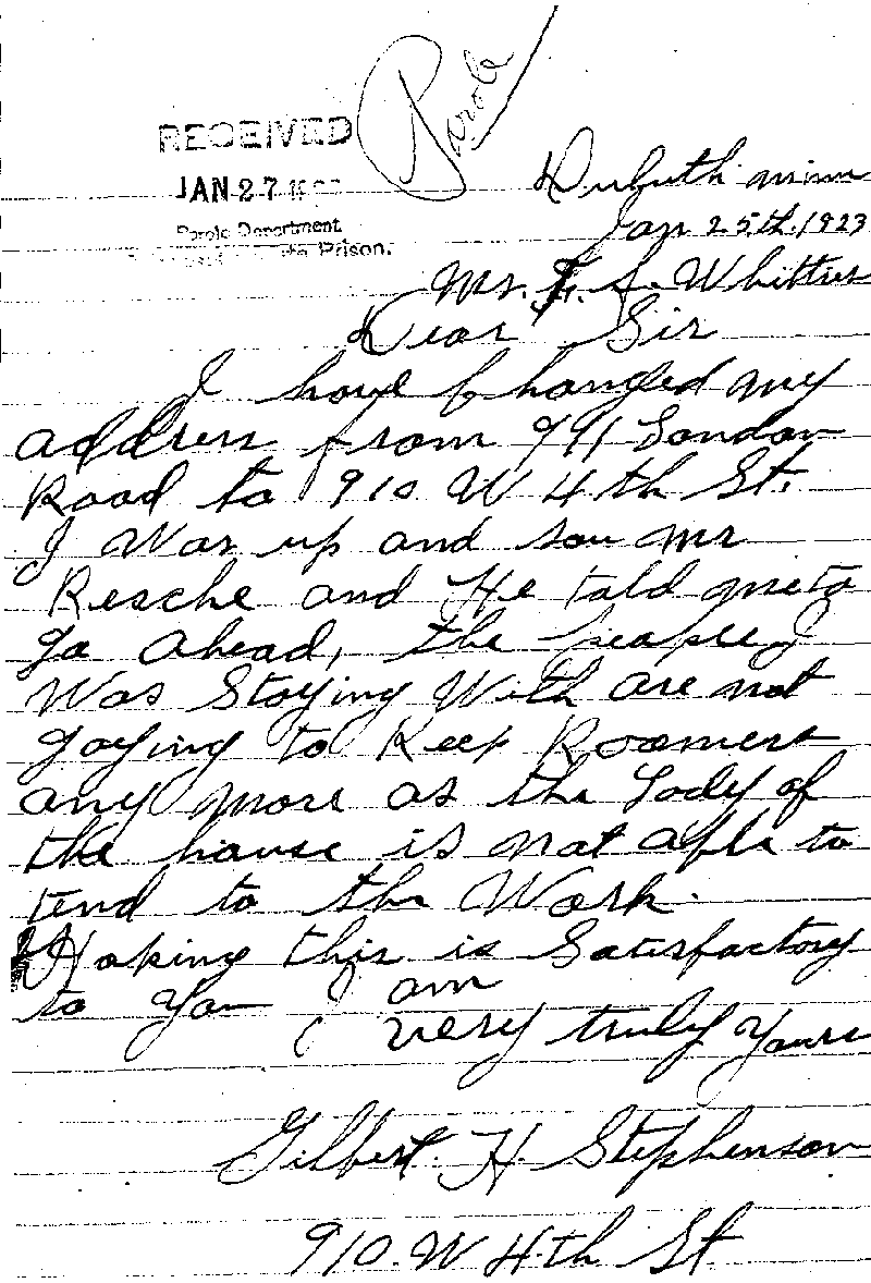 Gilbert Henry Stephenson. Case No. 6598. Letter from Gilbert Henry Stephenson to Frank A. Whittier, January 25, 1923.