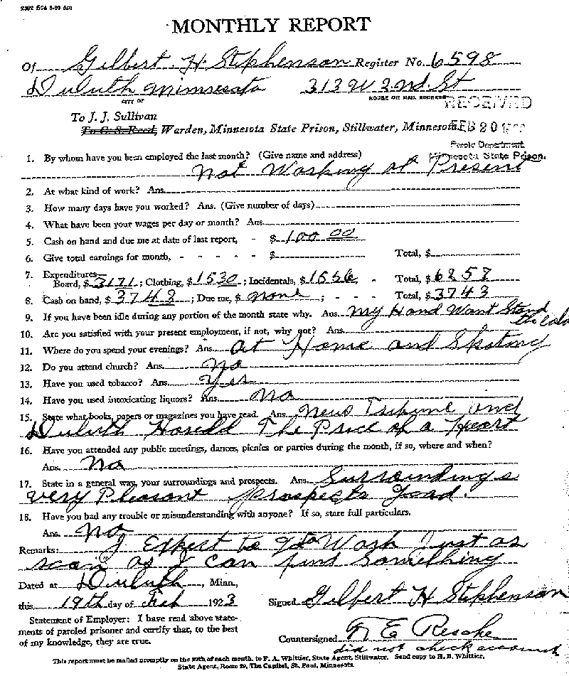Gilbert Henry Stephenson. Case No. 6598. Monthly Parole Report. February 19, 1923.