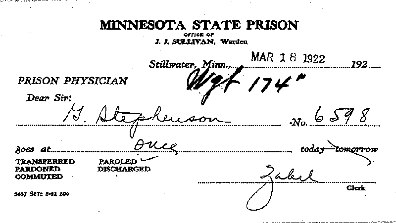 Gilbert Henry Stephenson. Case No. 6598.--Gov&#039;t Record(s)--Inmate Medical Case Files (gif)