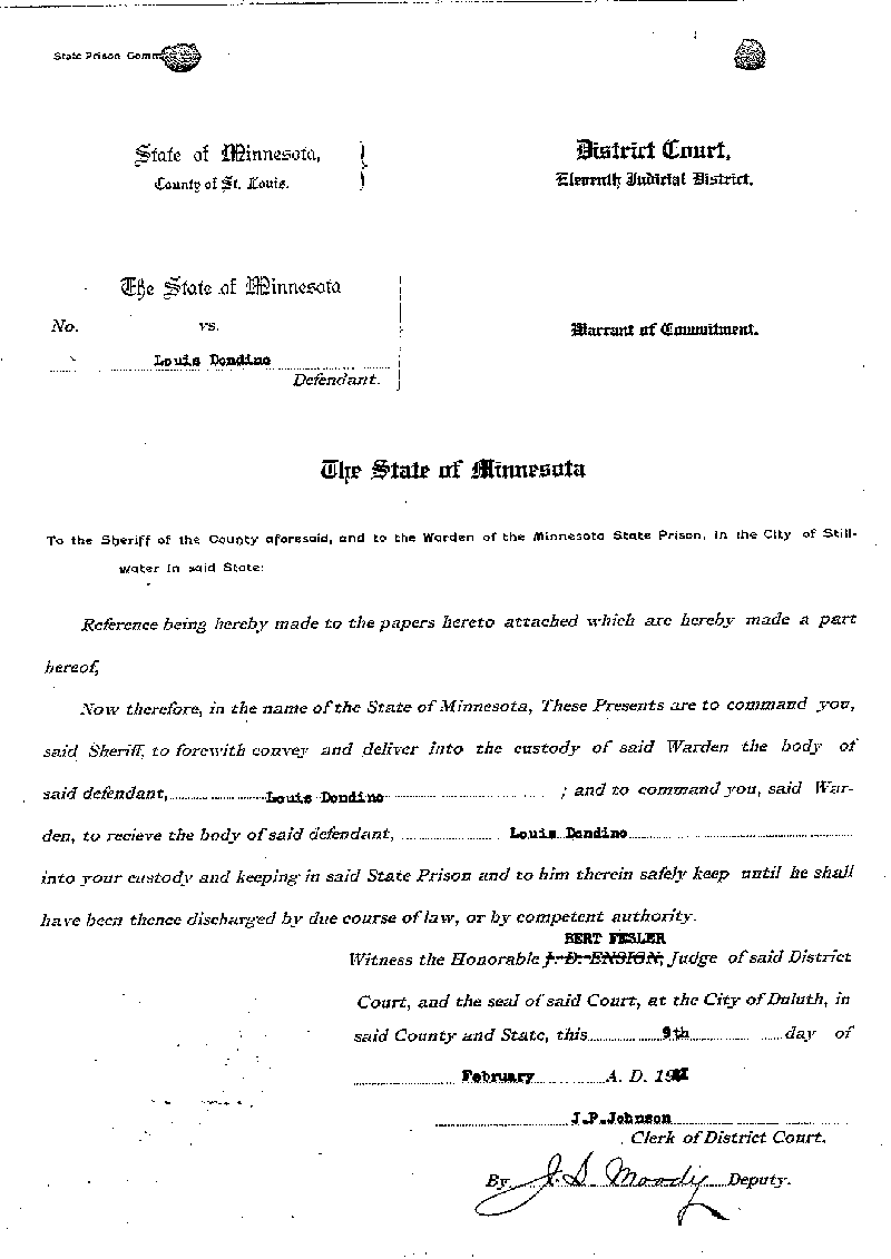 Louis Dondino. Case No. 6614. Warrant of Commitment. February 1921.--Gov't Record(s)--Warrant of Commitment (gif)