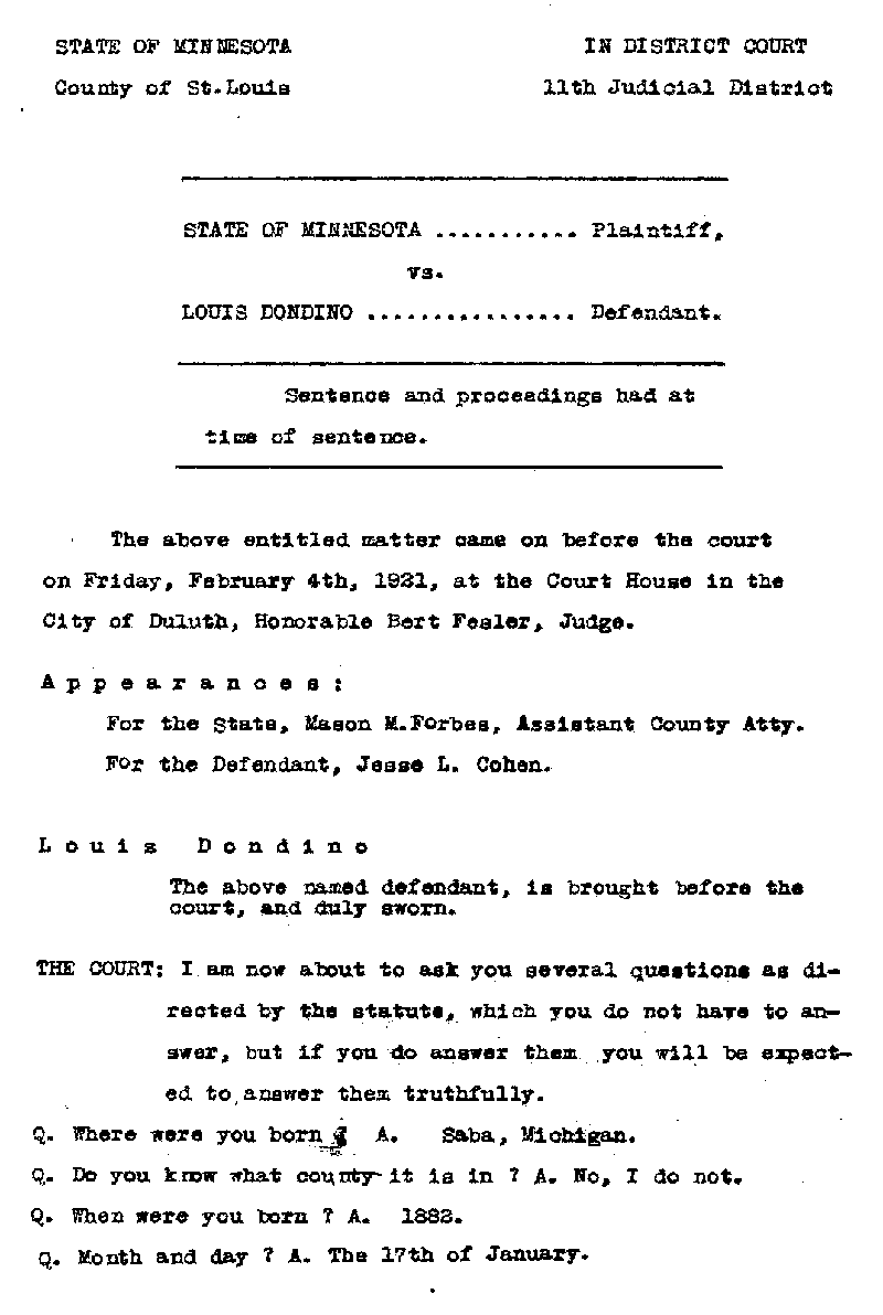 Louis Dondino. Case No. 6614. Sentence Record. February 1921.--Gov&#039;t Record(s)--Sentence Record (gif)