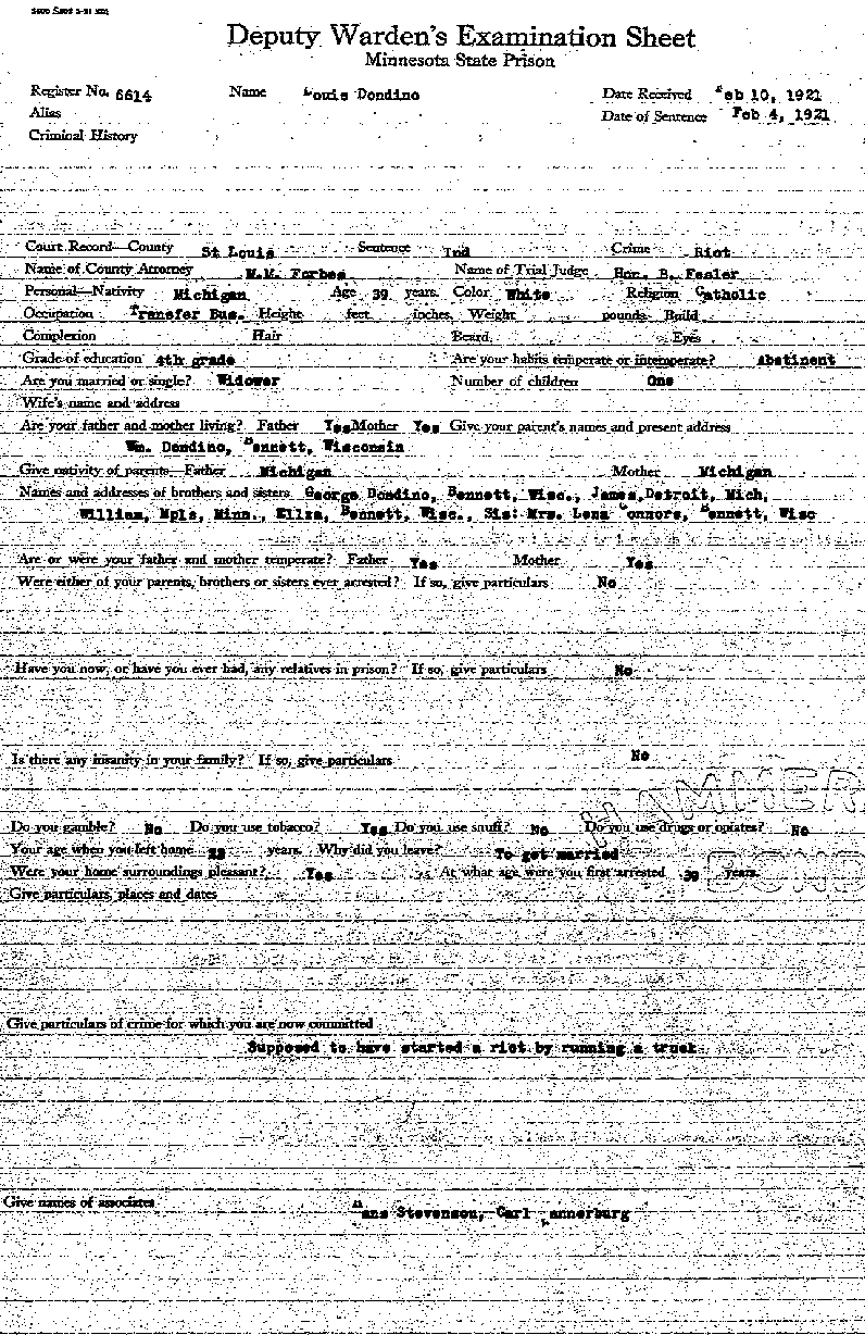 Louis Dondino. Case No. 6614. Deputy Warden&#039;s Examination Sheet.--Gov&#039;t Record(s)--Deputy Warden&#039;s Examination Sheet (gif)