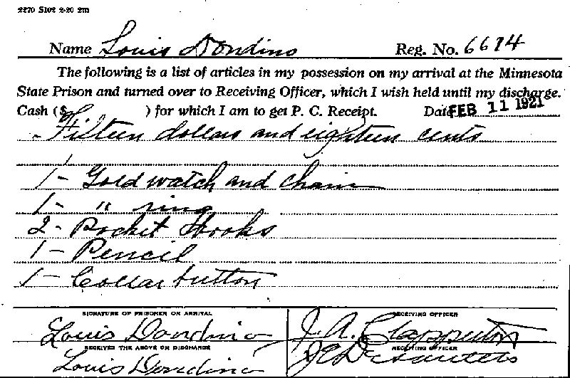 Louis Dondino. Case No. 6614. List of Items Turned Over to Receiving Officer.