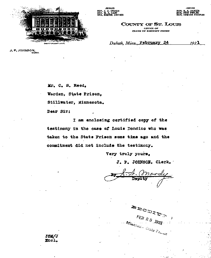 Louis Dondino. Case No. 6614. Letter from J. P. Johnson to C. S. Reed, February 24, 1921.