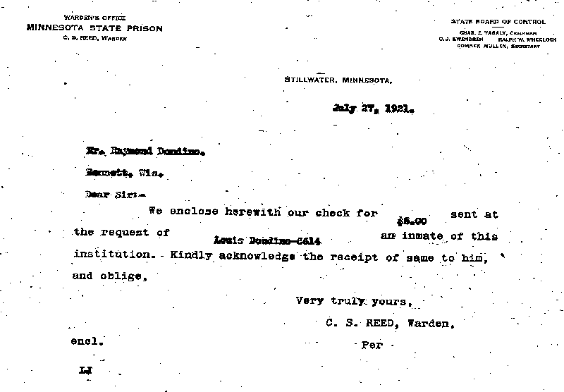 Louis Dondino. Case No. 6614. Letter from C. S. Reed to Raymond Dondino, July 27, 1921.