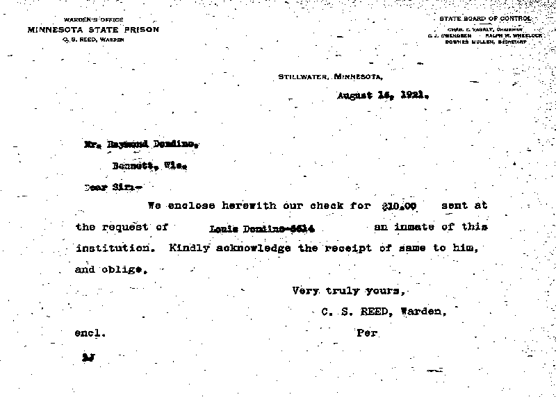 Louis Dondino. Case No. 6614. Letter from C. S. Reed to Raymond Dondino, August 16, 1921.