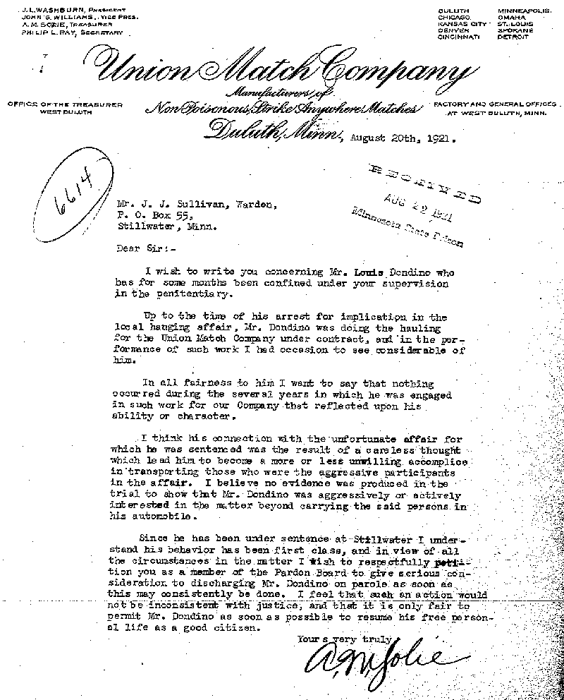 Louis Dondino. Case No. 6614. Letter from A. M. Solie to J. J. Sullivan, August 20, 1921.