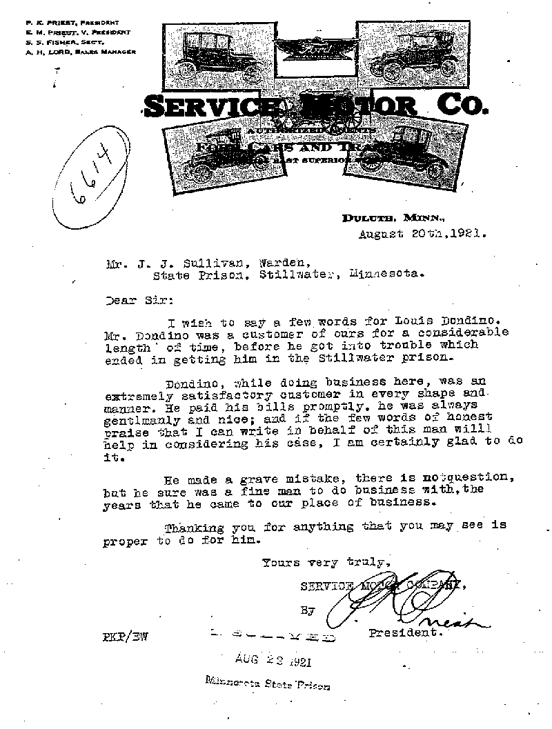 Louis Dondino. Case No. 6614. Letter from P. K. Priest to J. J. Sullivan, August 20, 1921.