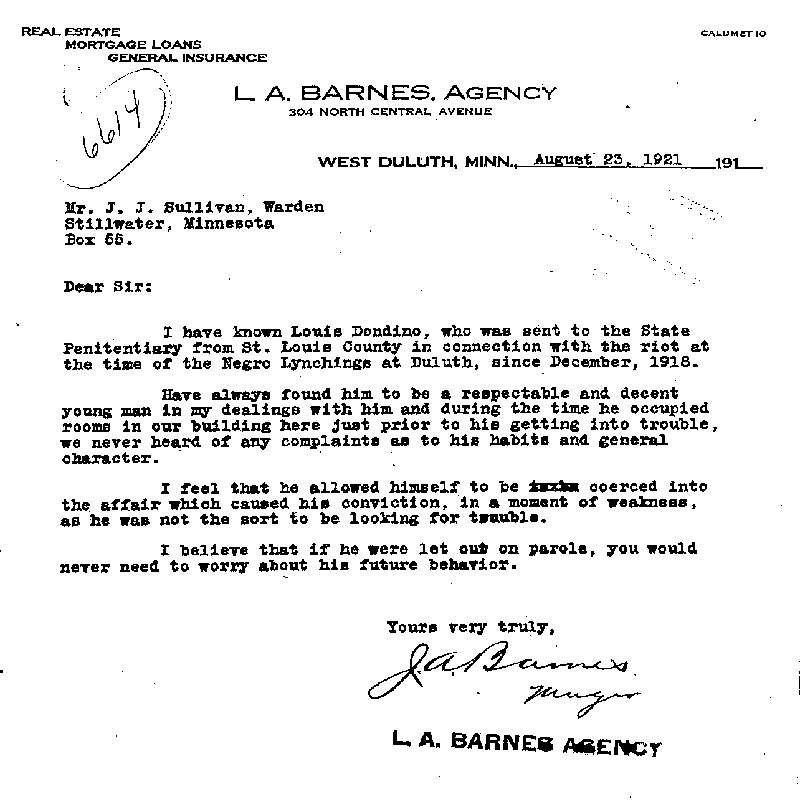 Louis Dondino. Case No. 6614. Letter from J. A. Barnes to J. J. Sullivan, August 23, 1921.