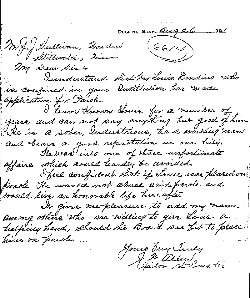 Louis Dondino. Case No. 6614. Letter from Joe W. Allen to J. J. Sullivan, August 26, 1921.