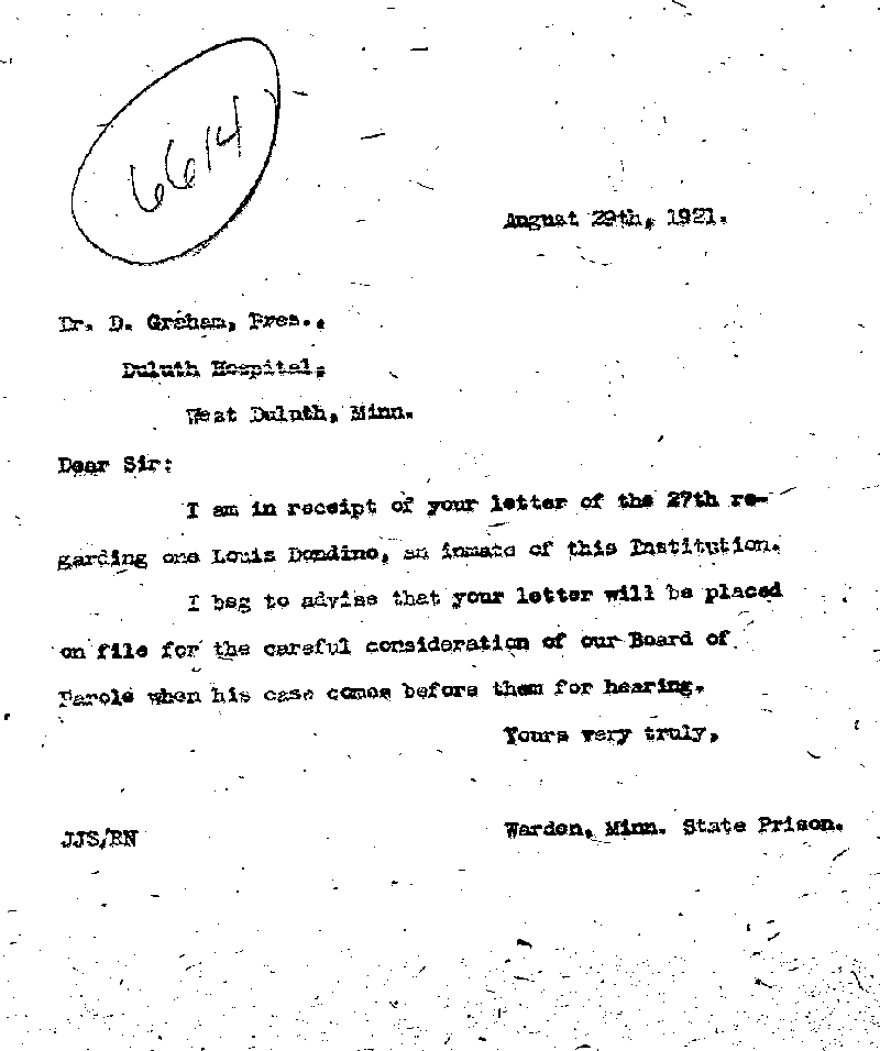 Louis Dondino. Case No. 6614. Letter from J. J. Sullivan to D. Graham, August 29, 1921.