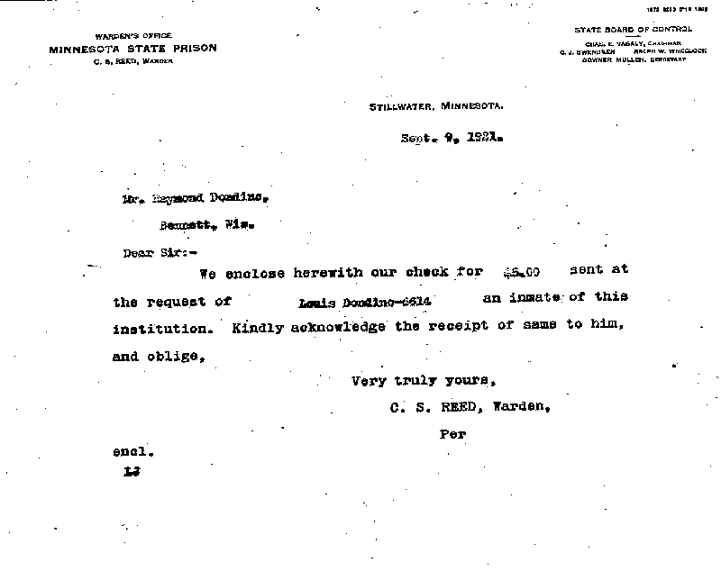 Louis Dondino. Case No. 6614. Letter from C. S. Reed to Raymond Dondino, September 9, 1921.