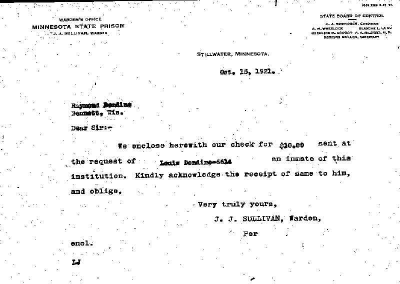 Louis Dondino. Case No. 6614. Letter from J. J. Sullivan to Raymond Dondino, October 15, 1921.