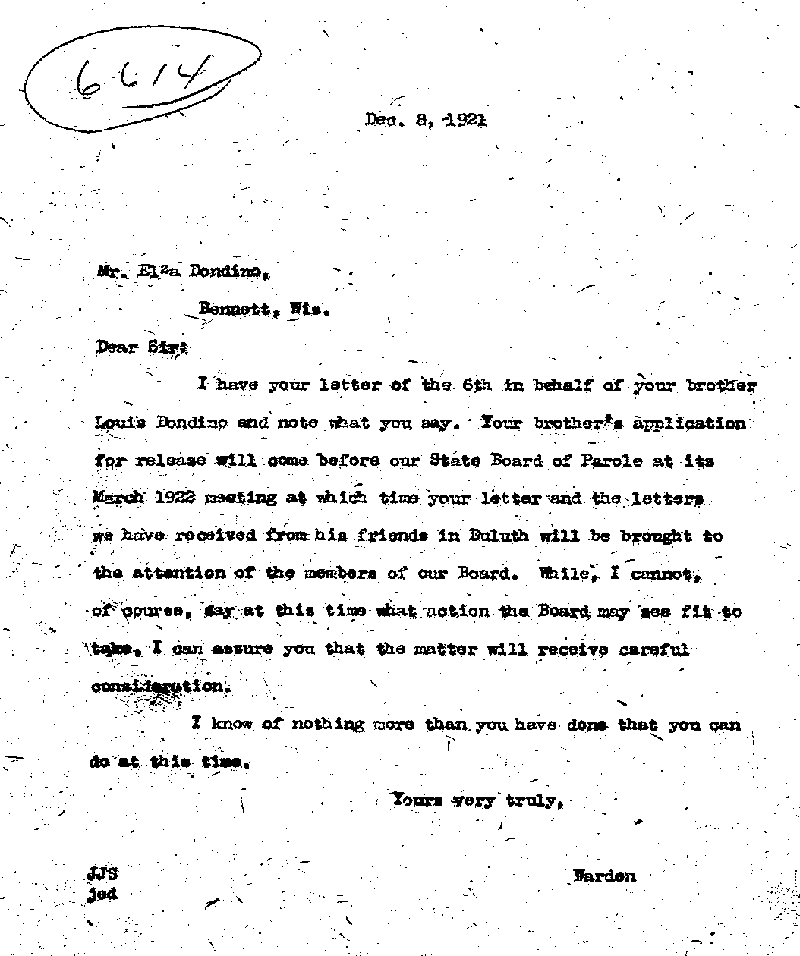 Louis Dondino. Case No. 6614. Letter from J. J. Sullivan to Elza Dondino, December 8, 1921.