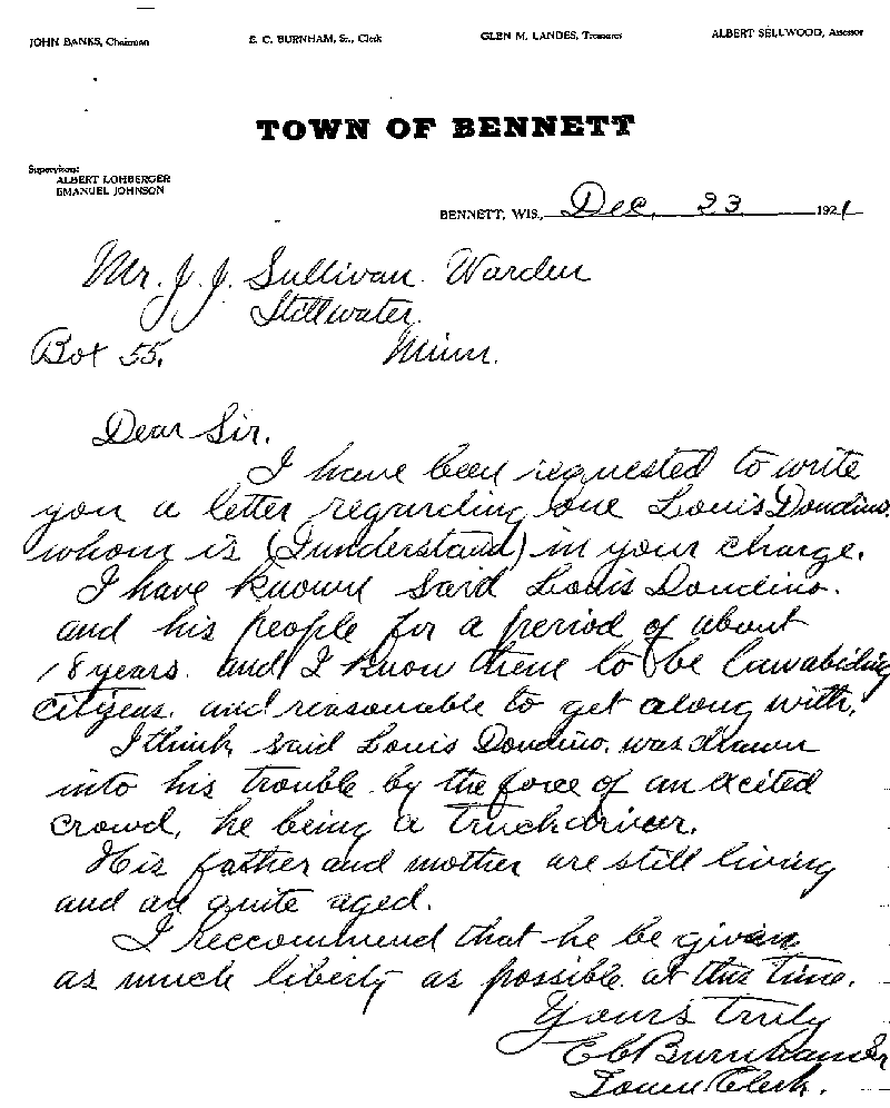 Louis Dondino. Case No. 6614. Letter from E. C. Burnham, Sr. to J. J. Sullivan, December 23, 1921.