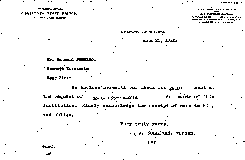 Louis Dondino. Case No. 6614. Letter from J. J. Sullivan to Raymond Dondino, January 25, 1922.