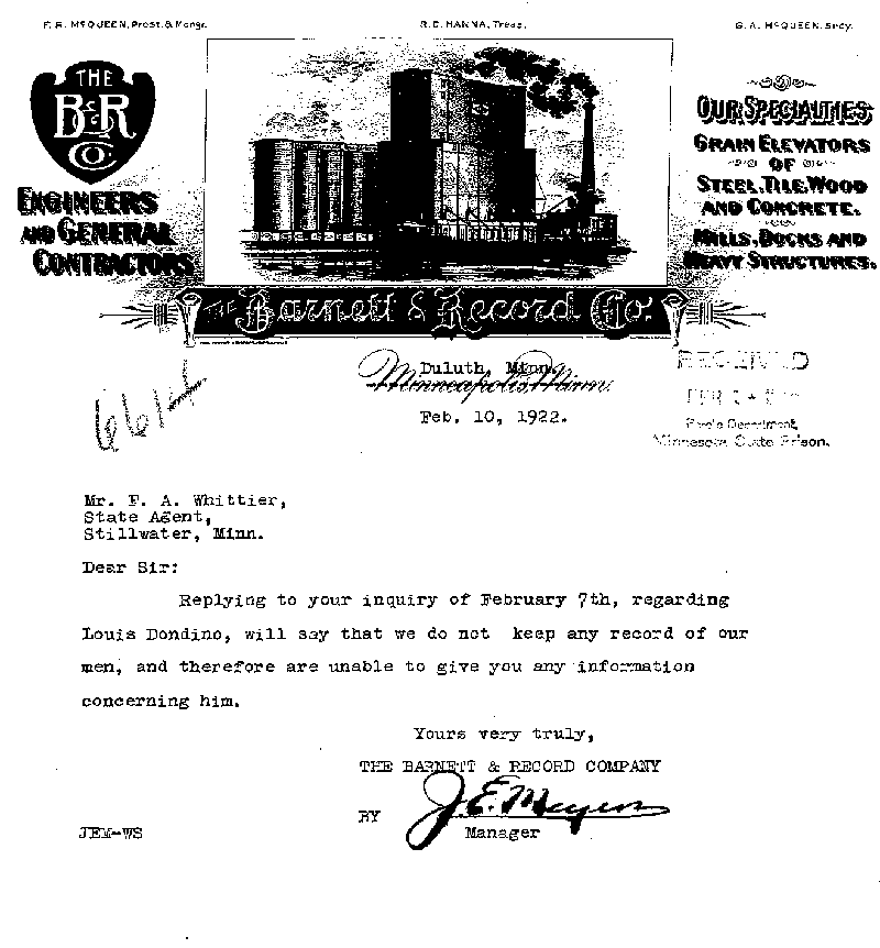 Louis Dondino. Case No. 6614. Letter from J. E. Meyers (?) to Frank A. Whittier, February 10, 1922.