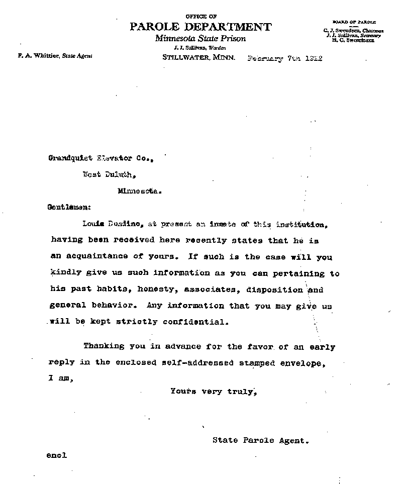 Louis Dondino. Case No. 6614. Letter from Frank A. Whittier to Grandquist Electric Company, February 7, 1922.