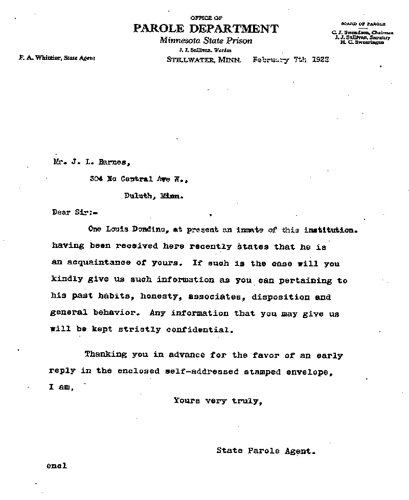 Louis Dondino. Case No. 6614. Letter from Frank A. Whittier to J. A. Barnes, February 7, 1922.