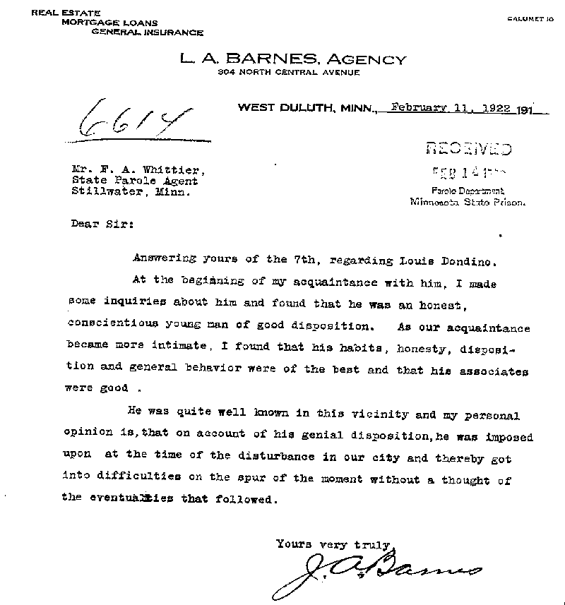 Louis Dondino. Case No. 6614. Letter from J. A. Barnes to Frank A. Whittier, February 11, 1922.