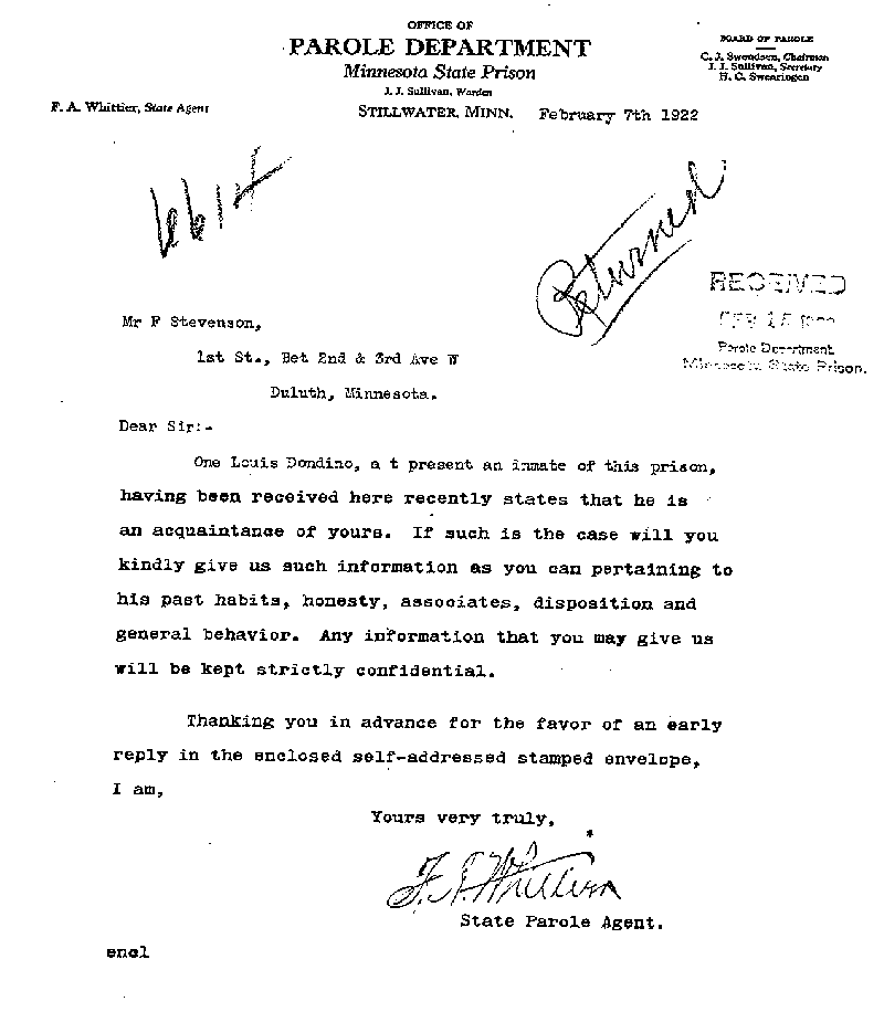 Louis Dondino. Case No. 6614. Letter from Frank A. Whittier to F. P. Stevenson, February 7, 1922.
