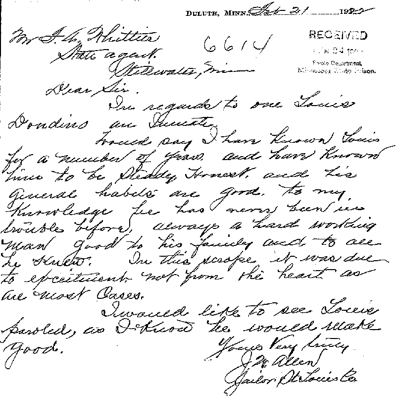 Louis Dondino. Case No. 6614. Letter from Joe W. Allen to Frank A. Whittier, February 21, 1922.